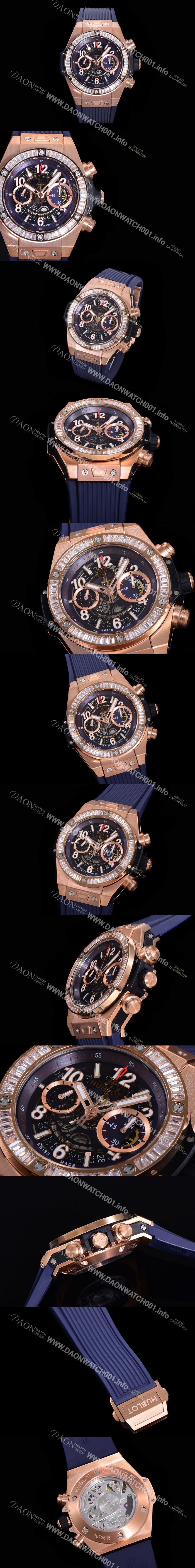 SA급 휴블렛 남성용 빅뱅 유니코  45mm 오토매틱 HUB1280 타입 18K 로즈골드/다이아몬드 베젤 러버줄 스켈래톤 다이얼  hub9191 xx