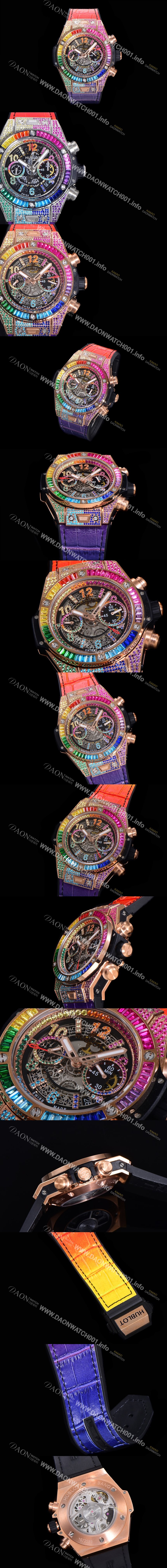 SA급 휴블렛 남성용 빅뱅 유니코  45mm 오토매틱 HUB1280 타입 18K 로즈골드/다이아몬드 풀케이스 러버줄 스켈래톤 다이얼  hub2151 xx