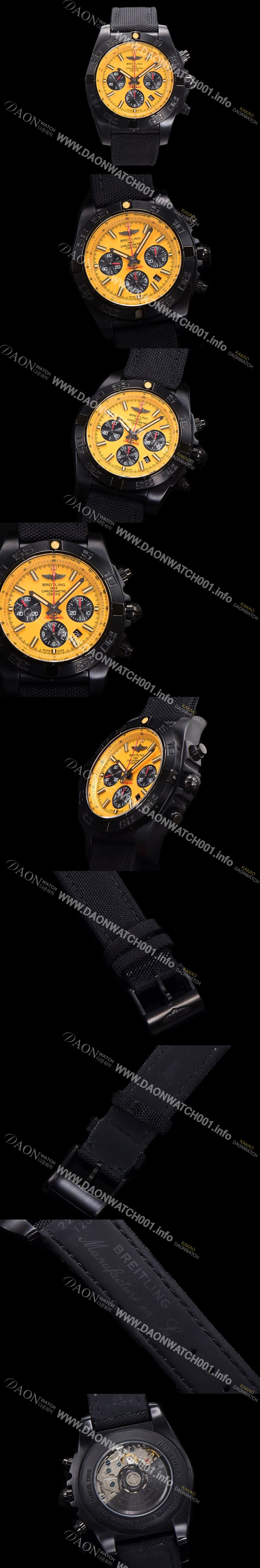 SA급 브라이틀링 남성용 크로노맷 DLC 블랙스틸 오토매틱 ETA 7750-2 타입 44mm 나토천/가죽믹스 옐루다이얼  bre9028 xx