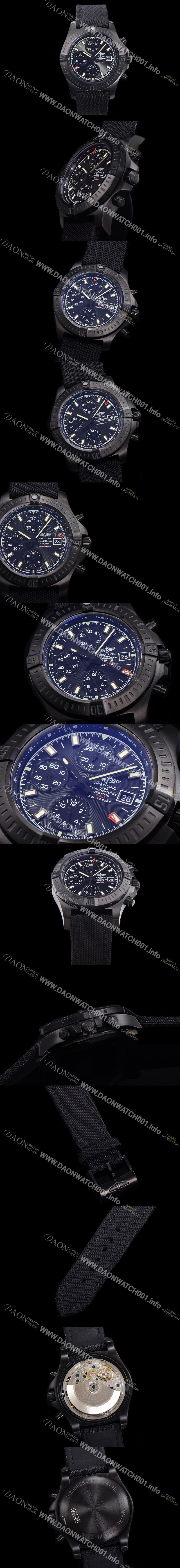 SA급 브라이틀링 남성용 어벤져 크로노그래프 ETA 7750-2 타입 45mm PVD코팅 나토천밴드 블랙다이얼 bre8824 xx