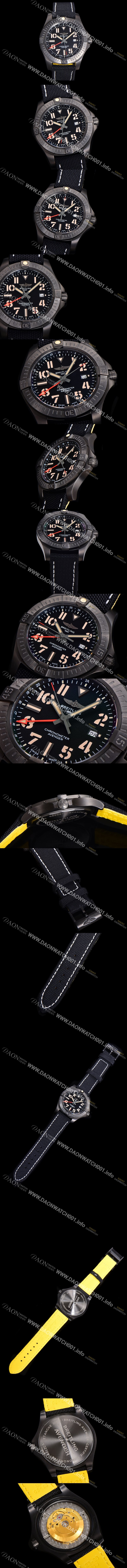 SA급 브라이틀링 남성용 어벤져 나이트 미션 밀리터리 한정판 오토매틱 ETA2836-2 타입 GMT 45mm  DLC코팅 무광 올블랙 나토천/가죽 믹스 블랙다이얼  bre40298 xx