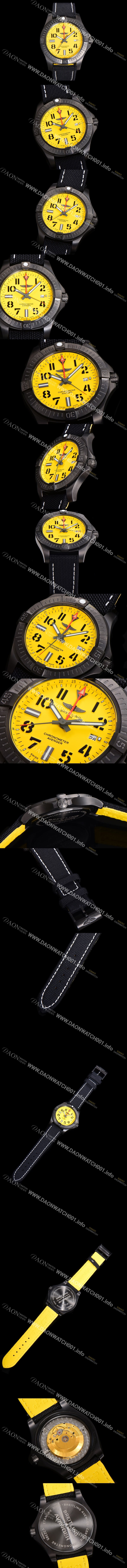 SA급 브라이틀링 남성용 어벤져 나이트 미션 밀리터리 한정판 오토매틱 ETA2836-2 타입 GMT  45mm  DLC코팅 무광 올블랙 나토천/가죽 믹스 옐루다이얼 bre74988 xx