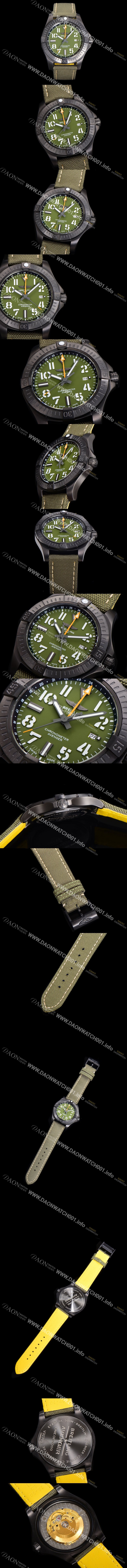 SA급 브라이틀링 남성용 어벤져 나이트 미션 밀리터리 한정판 오토매틱 ETA2836-2 타입 GMT 45mm  DLC코팅 무광 올블랙 나토천/가죽 믹스 카키다이얼 bre82074 xx