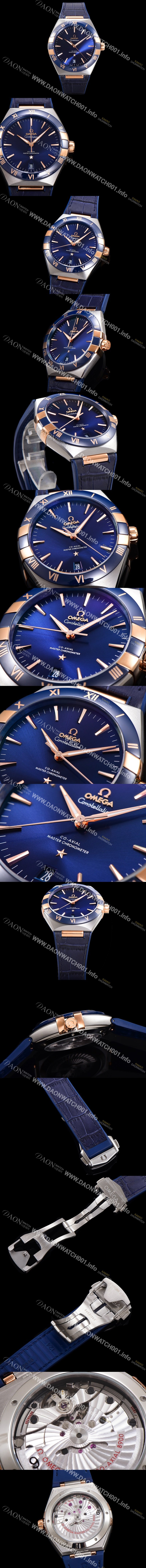 SA급 오메가 남성용 1:1수제공정! 무브UP 컨스틸레이션 코-엑시얼 마스터 오토매틱 Cal.8900타입  41mm  18K 로즈골드 가죽/우레탄 믹스 블루다이얼 omg90744 xx