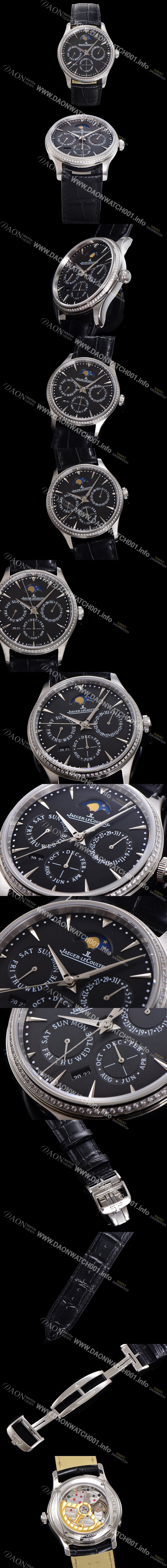 SA급 예거르꿀뜨르 남성용 마스터 울트라 퍼페추얼 캘린더 오토매틱 MC868 타입 39mm 가죽줄 다이아몬드베젤 문페이즈  블랙다이얼 jag49774 xx