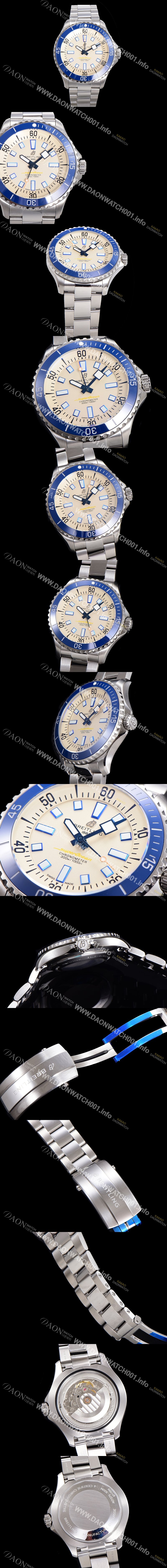 SA급 브라이틀링 뉴 다이버워치 남성용 슈퍼오션 44mm 오토매틱 ETA2824-2 타입 크로노미터 메탈줄 세라믹베젤 아이보리 다이얼  bre44927 xx