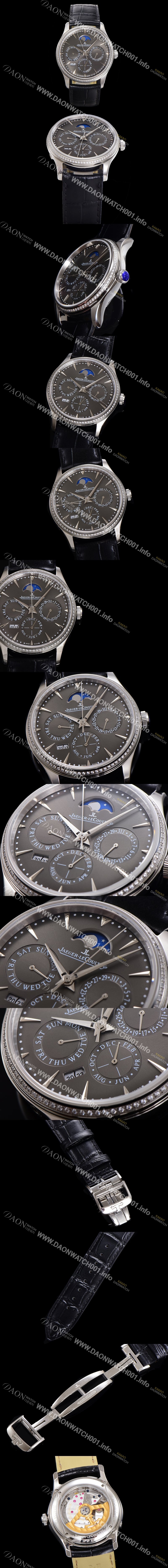 SA급 예거르꿀뜨르 남성용 마스터 울트라 퍼페추얼 캘린더 오토매틱 MC868 타입 39mm 가죽줄 다이아몬드베젤 문페이즈  그레이 다이얼 jag70487 xx