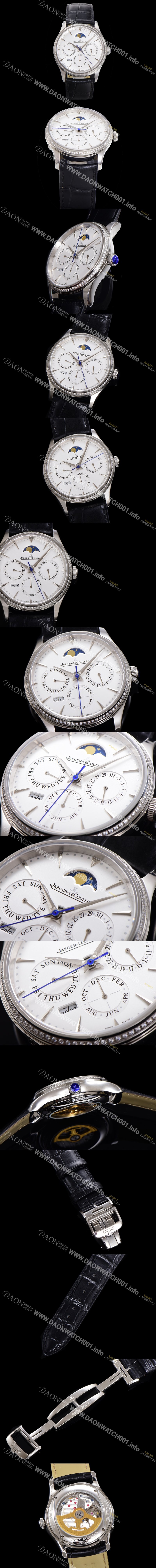 SA급 예거르꿀뜨르 남성용 마스터 울트라 퍼페추얼 캘린더 오토매틱 MC868 타입 39mm 가죽줄 다이아몬드베젤 문페이즈  화이트다이얼 jag24492 xx