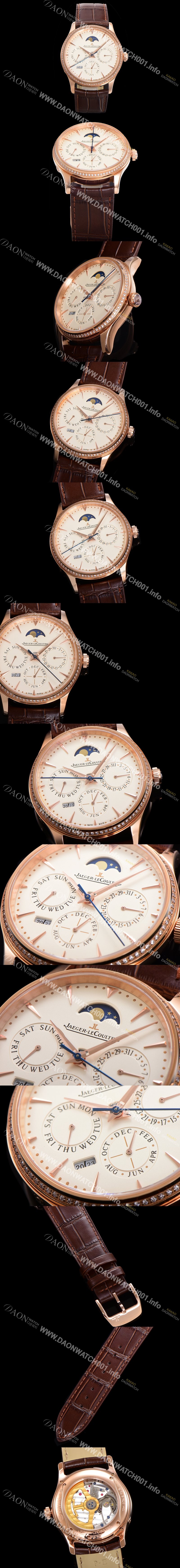 SA급 예거르꿀뜨르 남성용 마스터 울트라 퍼페추얼 캘린더 18K 로즈골드 오토매틱 MC868 타입 39mm 가죽줄 다이아몬드베젤 문페이즈 아이보리다이얼 jag20778 xx