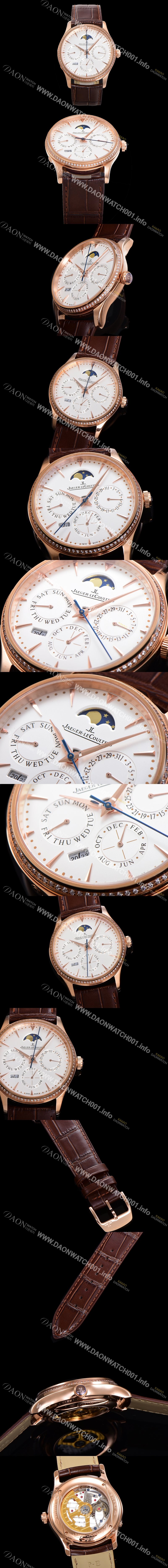 SA급 예거르꿀뜨르 남성용 마스터 울트라 퍼페추얼 캘린더 18K 로즈골드 오토매틱 MC868 타입 39mm 가죽줄 다이아몬드베젤 문페이즈 화이트 다이얼 jag80287 xx