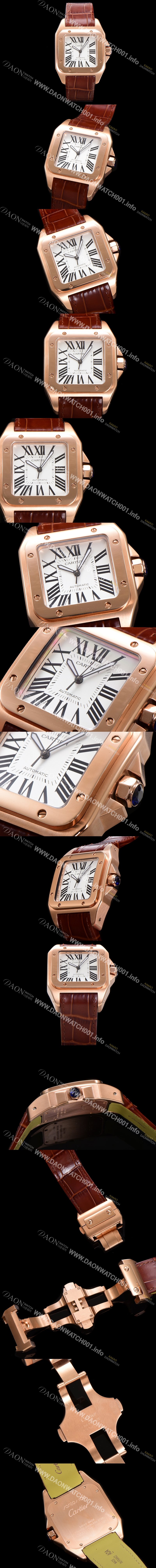 SA급 까르띠에 산토스 100 XL 오토매틱 ETA2824-2 타입 18k 로즈골드 남성용 51mm 가죽줄 화이트다이얼 car69313 xx