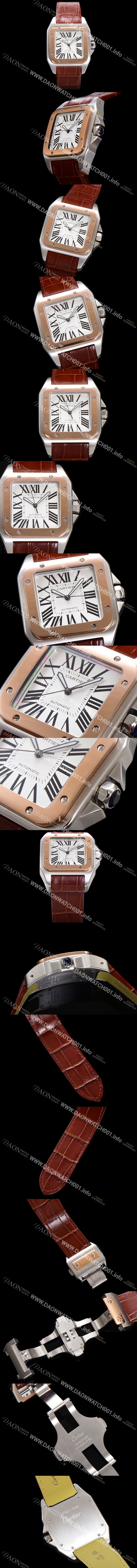 SA급 까르띠에 산토스 100 XL W20072X7 오토매틱 ETA2824-2 타입 18k 로즈골드 남성용 51mm 가죽줄 화이트 다이얼 car69314 xx