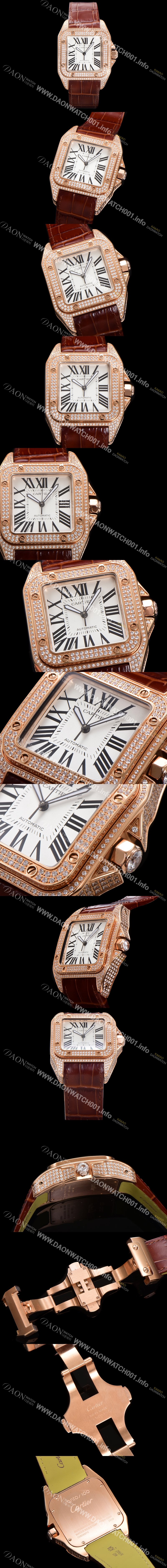 SA급 까르띠에 산토스 100 XL 오토매틱 ETA2824-2 타입 18k 로즈골드 남성용 51mm 가죽줄 화이트 다이얼 car69315 xx