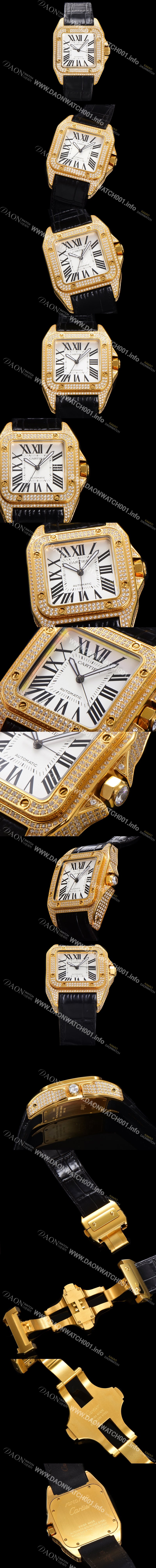 SA급 까르띠에 산토스 100 오토매틱 ETA2824-2 타입 18k 옐루골드/보석시계 남성용 51mm 가죽줄 화이트 다이얼 car69316 xx