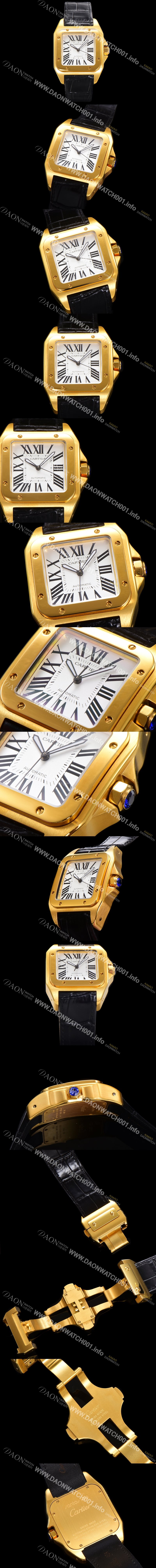 SA급 까르띠에 산토스 100 오토매틱 ETA2824-2 타입 18k 옐루골드 남성용 51mm 가죽줄 화이트 다이얼 car69317 xx