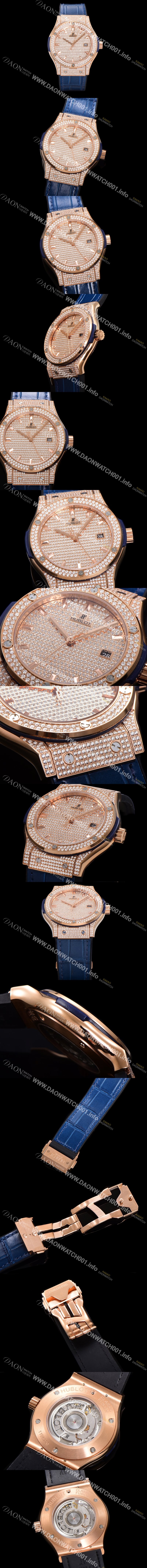 SA급 휴블렛 남성용 클래식 퓨전 565.OX.9010.LR.1704 다이아몬드 셋팅 큐빅/보석 다이얼 18K로즈골드 42미리 오토매틱 2892 타입 가죽/우레탄 믹스밴드 hub2129 xx