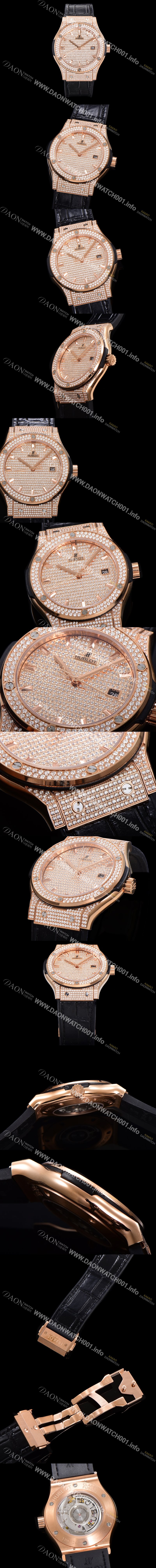 SA급 휴블렛 남성용 클래식 퓨전 565.OX.9010.LR.1704 다이아몬드 셋팅 큐빅/보석 다이얼 18K로즈골드 42미리 오토매틱 2892 타입 가죽/우레탄 믹스밴드 hub2127 xx