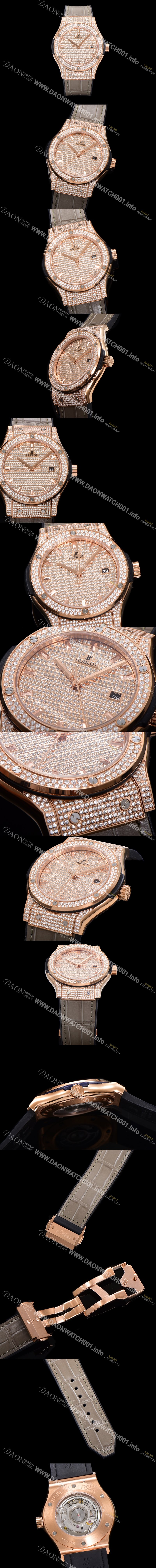 SA급 휴블렛 남성용 클래식 퓨전 565.OX.9010.LR.1704 다이아몬드 셋팅 큐빅/보석 다이얼 18K로즈골드 42미리 오토매틱 2892 타입 가죽/우레탄 믹스밴드 hub2128 xx