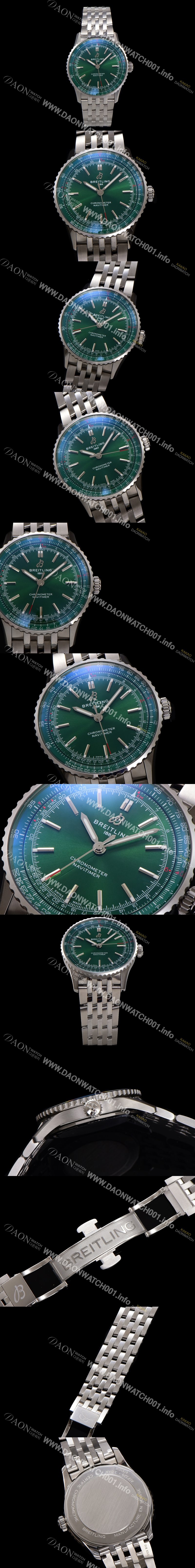 SA급 브라이틀링 남성용 네비타이머 A17329371L1A1 크로노그래프 오토매틱 2824 타입 41mm 메탈줄 그린 다이얼 bre6038 xx