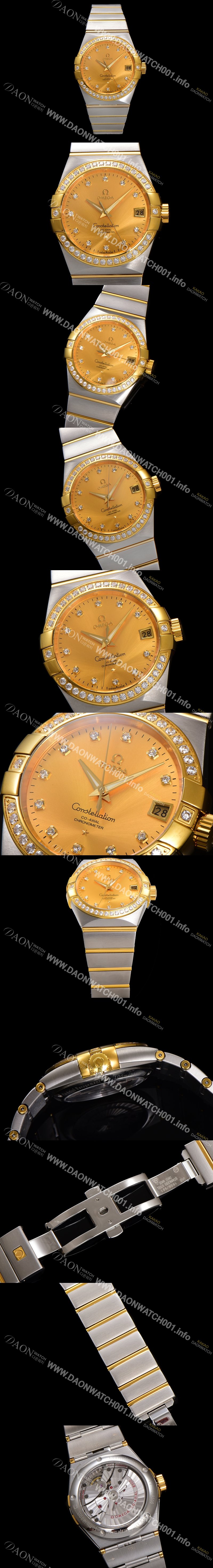 SA급 오메가 남성용 컨스틀레이션 123.25.38.21.58.001 18k 옐로우골드 다이아몬드 세팅 베젤 38mm 오토매틱 8500타입 샴페인 다이얼 omg0158 xx