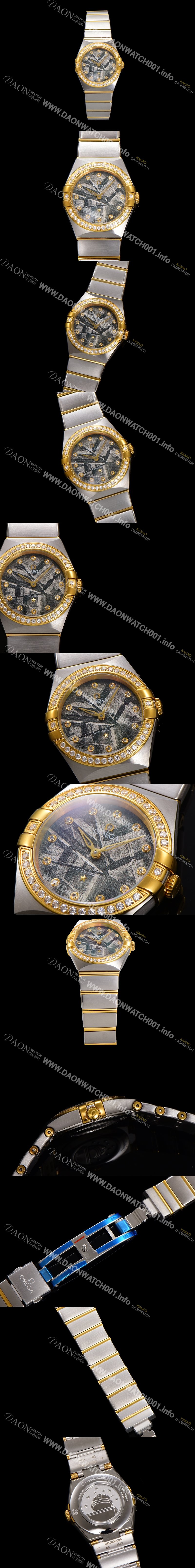 SA급 오메가 여성용 컨스틀레이션 131.25.28.60.99.002 옐로우골드 다이아몬드 세팅 베젤 28mm 쿼츠 무브먼트 메테오라이트 다이얼 omg0148 xx